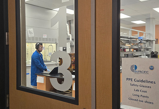 A picture of a UCSB researcher working inside the BioPACIFIC MIP laboratory at OASIS. 