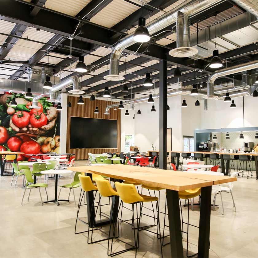 An empty cafe with table and chairs